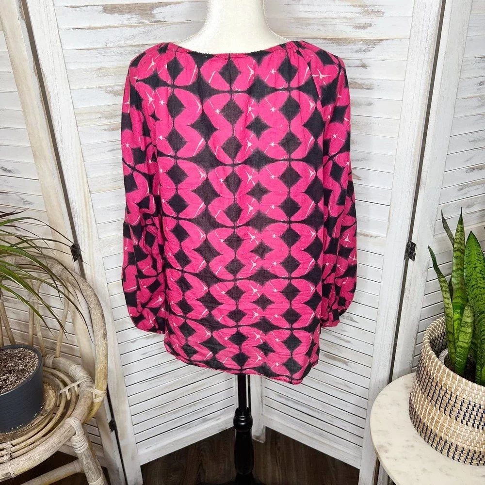 Sundance Women's Hyacinth Batik Print Gauzy Embroidered Top Bright Pink Black L - Picture 6 of 14